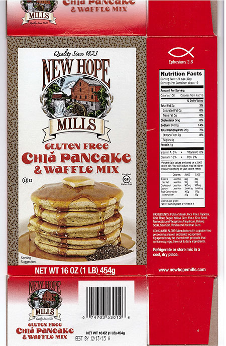 New Hope Mills Issues Allergy Alert on Undeclared Soy in New Hope Mills Gluten Free Chia Pancake and Waffle Mix